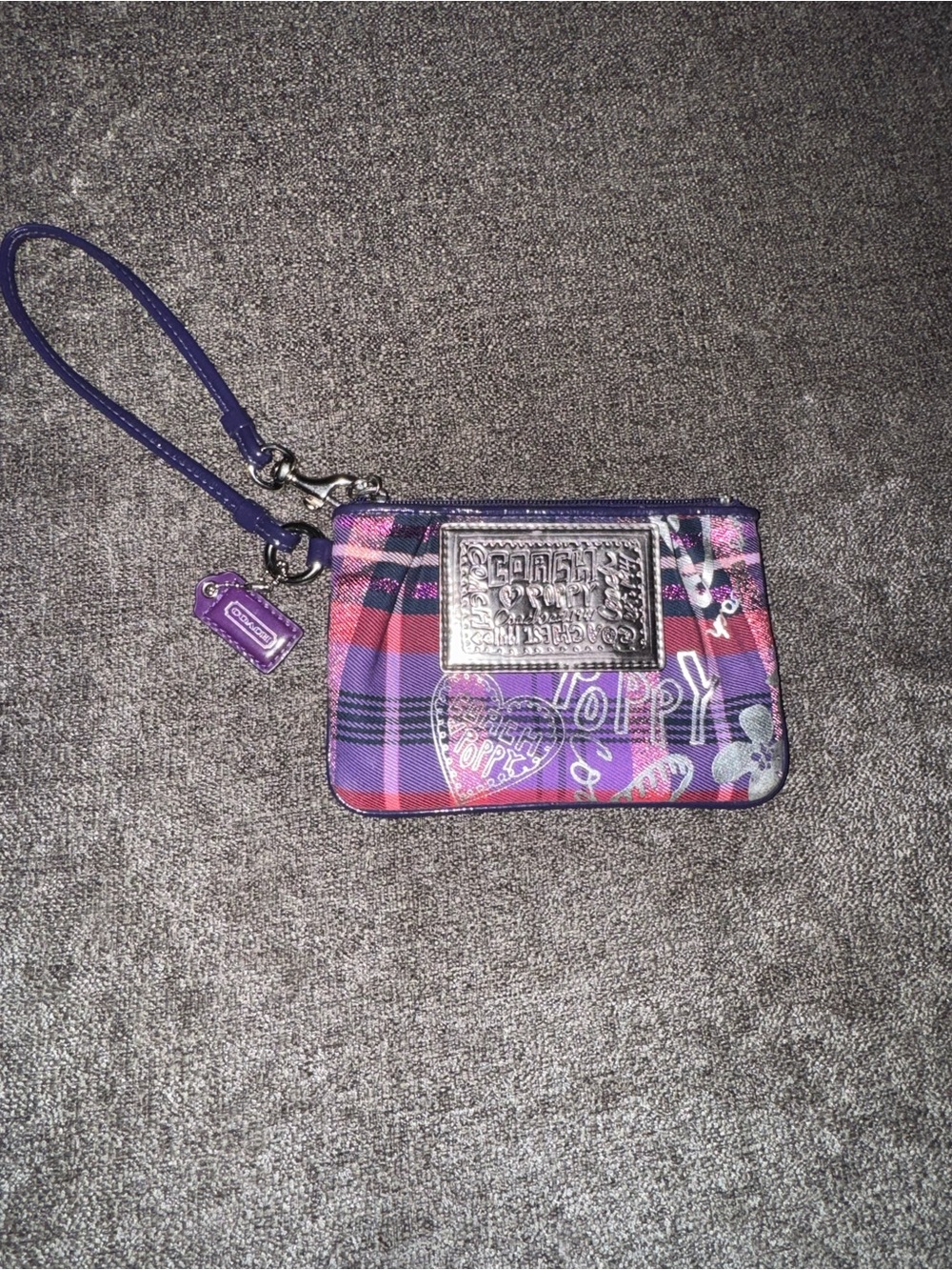 Coach Purple Plaid Wristlet with Silver Logo Plate